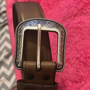 3 D Vintage Brown Leather Belt with Silver Buckle